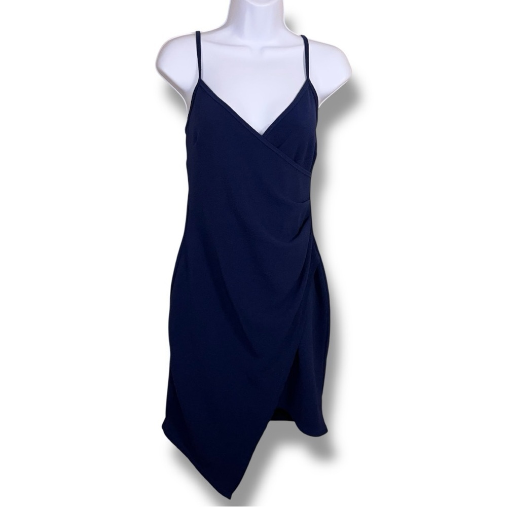 Juniors Large 11/13 Navy Blue Sleeveless Dress Ruched Side Accent Vneck Textured